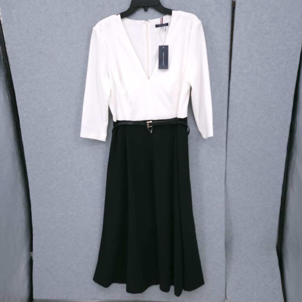 Tommy Hilfiger Belted V Neck Half Sleeve Contrast A Line Dress Women Size 10 NWT - Picture 2 of 9